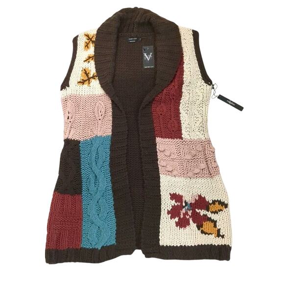 Vertigo Womens L Chunky Crochet Long Sweater Vest Brown Patchwork Boho Western - Picture 3 of 10